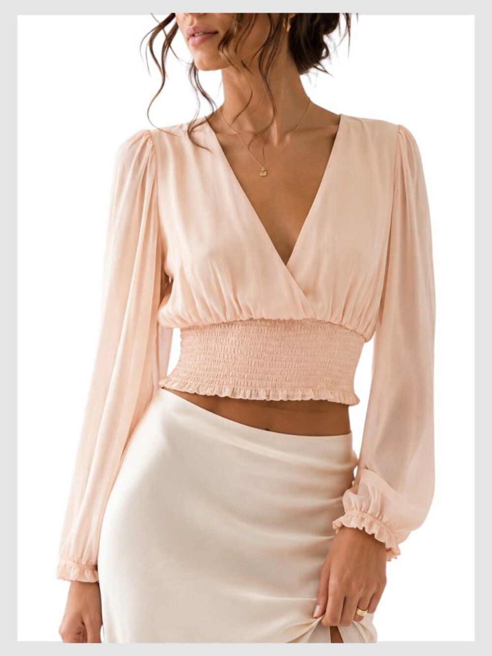 Aritzia Wilfred Wistful Blouse Coral Peach Blush Smocked Sheer Sleeve XL